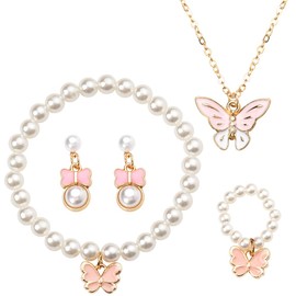 Butterfly Bracelet Ring Necklace Earrings for Women Preal Beaded Rings and Bracelets Set Preals Stud Earring and Necklaces 5 Pcs Pink Butterflies Necklace Earrings Ring Bracelet Kit