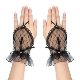 ALLY-MAGIC Women Fingerless Lace Gloves, Ladies Wedding Rhinestone Lace Cuffs Gloves Bridal Lace Bow Mesh Short Hook Finger Goth Gloves for Banquet Masquerade Party Wedding Y7LSHDJST