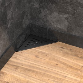 Hydroware Triangle Shower Drain - Stainless Steel Triangular Shower Floor Drain with Removable Patterned Grate, Hair Strainer, Threaded Adapter (6 x 8 Inches, Black)