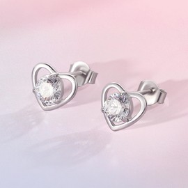 Stud Earrings 925 Sterling Silver Small Heart Earrings with Cubic Zirconia Simulated Diamond Earrings Jewelry Box for Women Christmas Mum ZHOU LIU FU