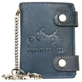 Born to be wild Grey Genuine Leather Tri-Fold Wallet with Metal Chain for Men