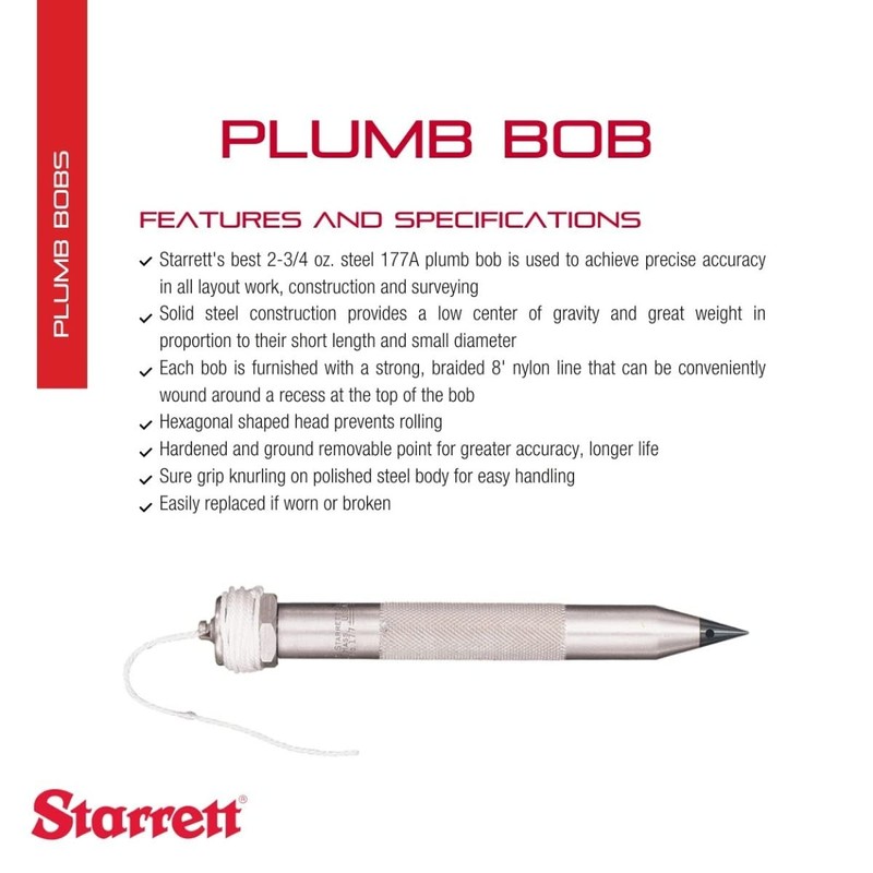 Starrett Solid Steel Plumb Bob with Strong Braided 8' Nylon
