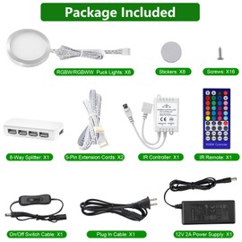 AIBOO LED Puck Lights Wired Color Changing, Multicolor Under Cabinet Lighting with Remote, Dimmable RGBWW Display Case Lights 8 Pack for Cabinets, Counters, Shelves, Showcases (RGBWW)