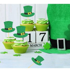 24 Pcs St Patrick's Hat Cupcake Toppers, Four Leaf Clover Leprechaun Shamrock Cupcake Toppers for St Patrick's Day Party Decorations (Hat)