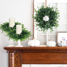 6 Pcs Mini Boxwood Table Centerpieces Green Candle Rings Wreath 9 Inch Wreath for Cabinets Farmhouse Wreath for Front Door Porch Wall Window Decorations (6, Green Boxwood)