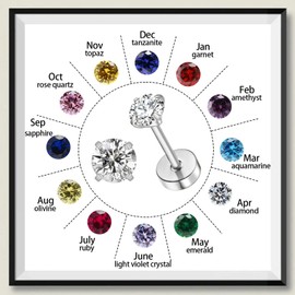 Natural Birthstone Stud Earrings for Women Teen Girls, Small 3mm CZ Stud Flat Back Earrings, Screw Back Tiny Earrings Studs, Cartilage/Tragus/Second Hole Earrings (Silver, 8.Aug-Peridot)