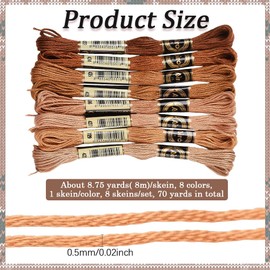 CABODYALS 8 Skeins 6 Strands 70 Yards Gradient Brown Hand Embroidery Cross Stitch Floss Threads Yarn Friendship Bracelet String Polyester Thread for Making Sewing Clothing Jewelry Diy Needlework Craft