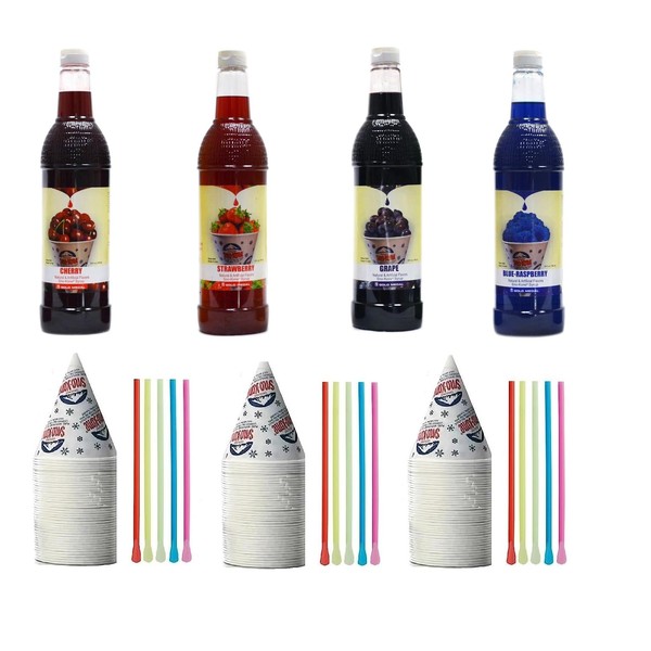 Snow Cone Kit - Bundle of 4 Flavored Syrup Bottles,