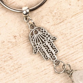 Myga Hamsa & Clear Quartz Keychain - Handmade Finely Crafted Keyring - To Bring Happiness, Good Luck & Good Fortune - 11CM in length