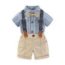 Hresadio - Conjunto de ropa para bebé y niño, trajes de caballero, traje de vestido para niños pequeños, con pajarita + tirantes y pantalones cortos para boda, Azul, 6-9Meses