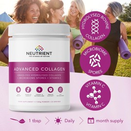 Neutrient™ Advanced Collagen Powder Supplement, Hydrolyzed Collagen Peptides with Buffered Vitamin C and Microbiome Spores for Normal Skin, Gums, Bones and Cartilage Function. (350g)