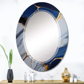 DesignQ abstract marble wall mirror, Oval Modern mirror, Round Blue bathroom mirror, Abstract Marble vanity mirror Azure-Hued Geode Abstraction I printed mirror decor, oval mirror 24x36