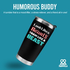 Panvola Look Like a Beauty Train Like A Beast Gym Gifts for Women Trainor Trainee Vacuum Insulated Tumbler Travel Mug with Lid and Straw 20 oz Black