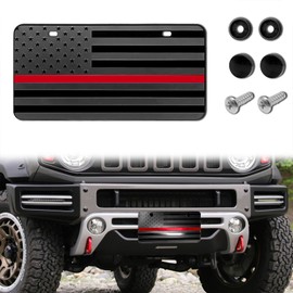 Piburth American Flag License Plate, Aluminum 3D Metal Embossed License Plate with USA Flag, Patriotic Embossed License Plate Bracket Frame Holder, 6 x 12 Inch (Black+Red)