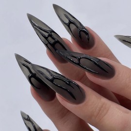 BABALAL Long Stiletto Press on Nails Black Fake Nails 24Pcs Acrylic Nails Goth Almond Manicure False Nails Y2K Glue on Artificial Nails