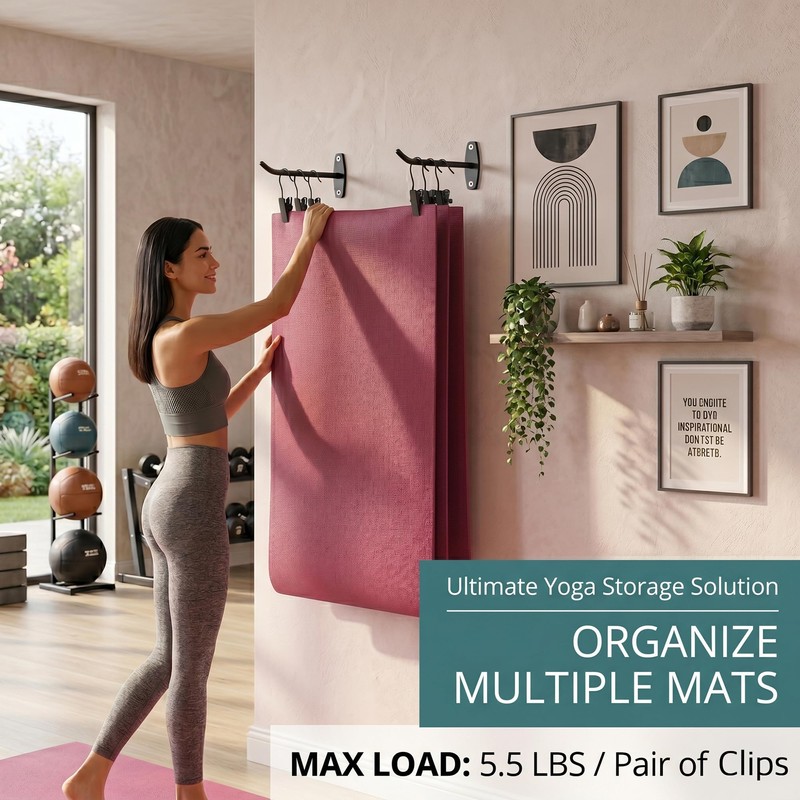 Yoga Mat Wall Mount Holder & Clips for Eyelet Workout