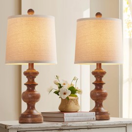 PARTPHONER Farmhouse Table Lamp Set of 2, Rustic Table Lamps for Living Room Bedroom, 22" Mid Century Modern Desk Lamp Bedside Nightstand Lamps with Linen Tapered Drum Shades, Wood Grain