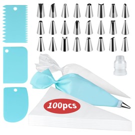 SHBAOCH Piping Bags and Tips Icing Piping Set 100 Disposable and 1 Reusable Piping Bags with 24 Icing Frosting Nozzles 3 Icing Scrapers Baking Supplies