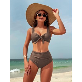 ZAFUL Bikini Sets for Women Push Up Tie Knot Cute Two Piece Tummy Control Swimsuits High Waisted Bathingsuits for Women Over 50 Push Up Bikini Top Coffee Brown L