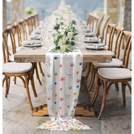 Botanical Herb Wedding Table Runner 120 Inches Long, Voile Sheer Tulle Runner for Rustic Wedding Reception Bridal Shower Decorations Birthday Party, Vintage Wildflower Watercolor Simple White