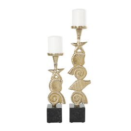 Deco 79 Aluminum Shell Candle Holder with Black Marble Bases, Set of 2 20", 14" H, Gold