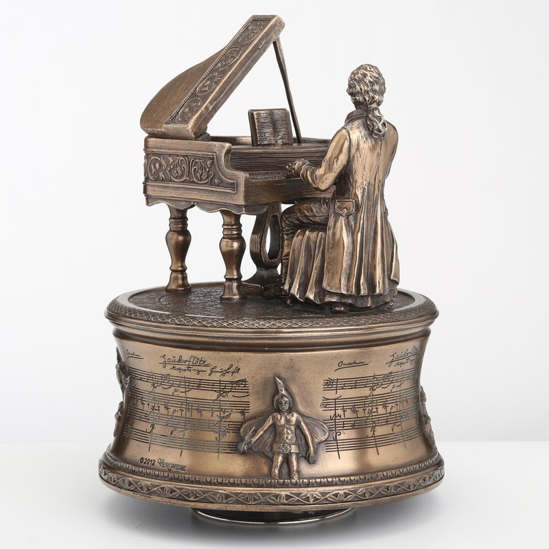 Bronzed Mozart Playing Piano Spinning Music Box