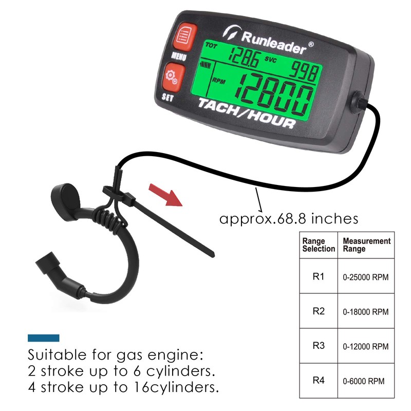 Runleader Digital Gas Engine Tachometer, Hours & RPM Record,Backlight Hour