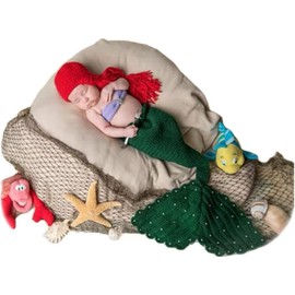 KLEYAO Newborn baby Photography Props,Girls photo outfits,Handmade Crochet Mermaid Set(Headband Bra Tail) (Green and Red)
