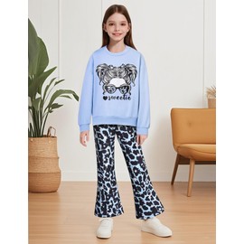 Jrbybazy Girls Clothes Clothing Set Crewneck Cute Print Sweatshirt Top and Leopard Stars Flared Pants Sweatpants Clothes for Girls 12-14