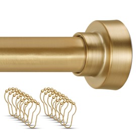 YNL Shower Curtain Rod 34-82 Inches with 12Pcs Shower Curtain Rings, Adjustable Gold Shower Rod No Drilling, Non-Slip, Never Rust, Stainless Steel, Suitable for Bathroom Window Kitchen, Gold