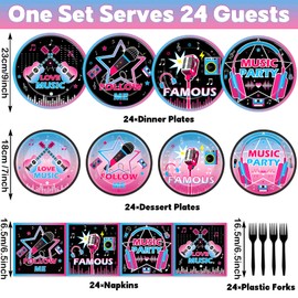 Yiaoyinnz 96PCS Music Party Supplies Musical Dinner Dessert Paper Plates Napkins Set Popular Singer Birthday Tableware Music Party Birthday Dinnerware Social Media Birthday Party Favors Decoration