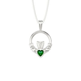Aeon Jewellery Silver Claddagh Necklace - 925 Sterling Silver & Emerald Green Coloured Cubic Zirconia Pendant | Adjustable 16-18 Inch Chain