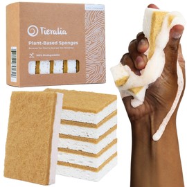 Tieralia Plant-Based Sponges - 6 Pack - 100% Compostable, Non-Scratch, Odor-Free - Made from Wood Cellulose & Sisal for Kitchen Cleaning