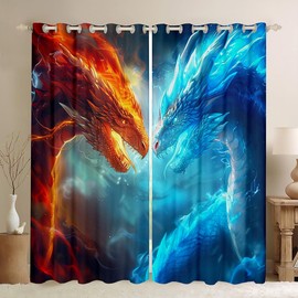 Homemissing Dragon Curtains Ice Fire Dragon Window Drapes Treatments for Kids Boys Girls Safari Wildlife Window Drapes Orange Blue Dragon Window Treatments,W46*L54,2 Panels
