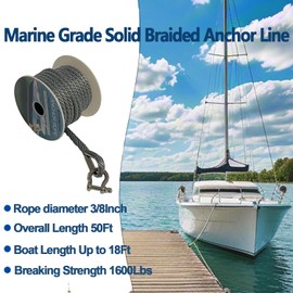 Anchor Rope 3/8 inch 50ft Premium Solid Braid Nylon MFP Boat Rope with 316 Stainless Steel Thimble & Shackle, Quality Anchor Line, Grey, Boat Accessories Marine