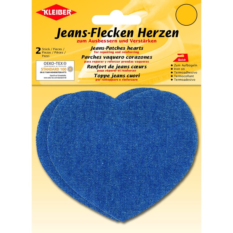 Kleiber Iron On Denim Jean Heart Shaped-Medium Blue-2 Patches,8.5 cm