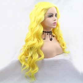 xiweiya Lace Wigs Lemon Yellow Wigs Synthetic 13x4 Lace Front Bright Yellow Wigs Long Curly Hair Golden Wigs For Women Heat Resistant Fiber Hair Wigs Long Wigs Free Parting Wigs 24"