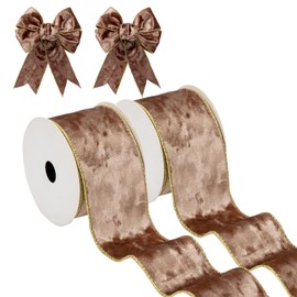 Hollyone 63mm x 10yd Bronze Velvet Ribbons, 2PCS Thick Christmas Ribbons for Gift Wrapping, Wide Ribbons for Crafting, Wired Ribbons for Wedding Car, Xmas Tree, Birthday Decorations