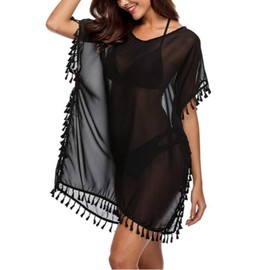 Prizmxed Beach Dresses Women's Summer Tassel Decoration Beach Dress Women's Airy Bikini Cover Up Women's Suitable for Holiday, black