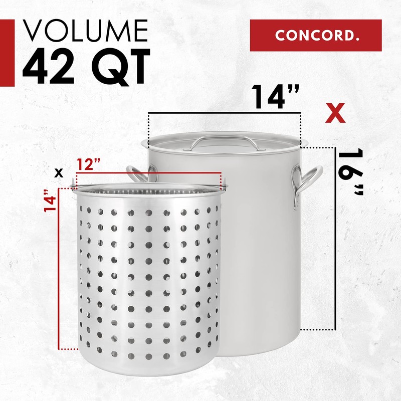 CONCORD 42 QT Stainless Steel Stock Pot w/Basket. Heavy Kettle.