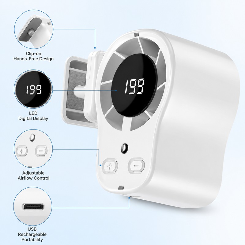 Rechargeable Clip-On Personal Fan for Cars – 199-Speed Airflow with