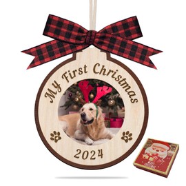 Puppy’s My First Christmas Picture Frame Ornament 2024，Custom Wooden Pet Name Ornament，Hanging Creative Christmas Tree Decorations with Bows and Gift Boxes (Wood 1)