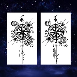 Oottati 2 Sheet Steampunk Compass Small Tiny Temporary Tattoo for Adults Men, Gear Moon Nautical Fake Tattoo Sticker, Waterproof Long Lasting Body Art for Arm Leg