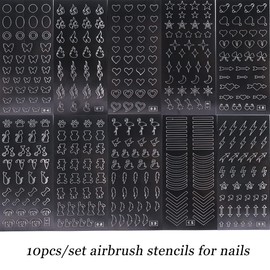 Airbrush Stencil for Nails 10 Sheets Heart Nail Charms Butterfly Bear Stars Hollow Nail Sticker Airbrush Templates French Manicure Tips Molds Nail Salon Supplies…
