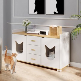 YITAHOME Double Cat Litter Box Enclosure for 2 Cats, 55 inch Large Two Cat Litter Box Furniture with Drawers for Storage, Wooden Dual Litter Box TV Stand White, 55" L x 19.7" W x 31.5" H