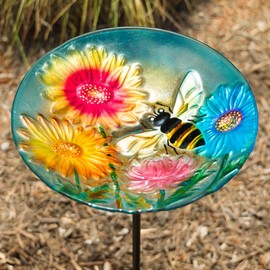 Alpine Corporation KBD128 Glass Stake Bird Bath with Flowers and Bee, Floral Décor for Lawn & Garden, 10’’H, Multicolor