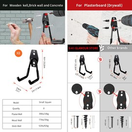 3-H Garage Wall Hooks 8 Pack,Garage Hooks Heavy Duty with Extra Round Welding Spot,Garage Hooks for Hanging,Garage Organizer for Garden,Lawn,Yard Tools,Chairs,Ladders,WeedEater,Shovel,Blower(Black)