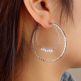 Yienate Boho Pearl Hoop Drop Earrings Silver Double Round Hoop Dangle Earrings Wedding Bridal Pearl Pearl Drop Earrings Statement Hollow Circle Pearl Earrings Jewellery For Women