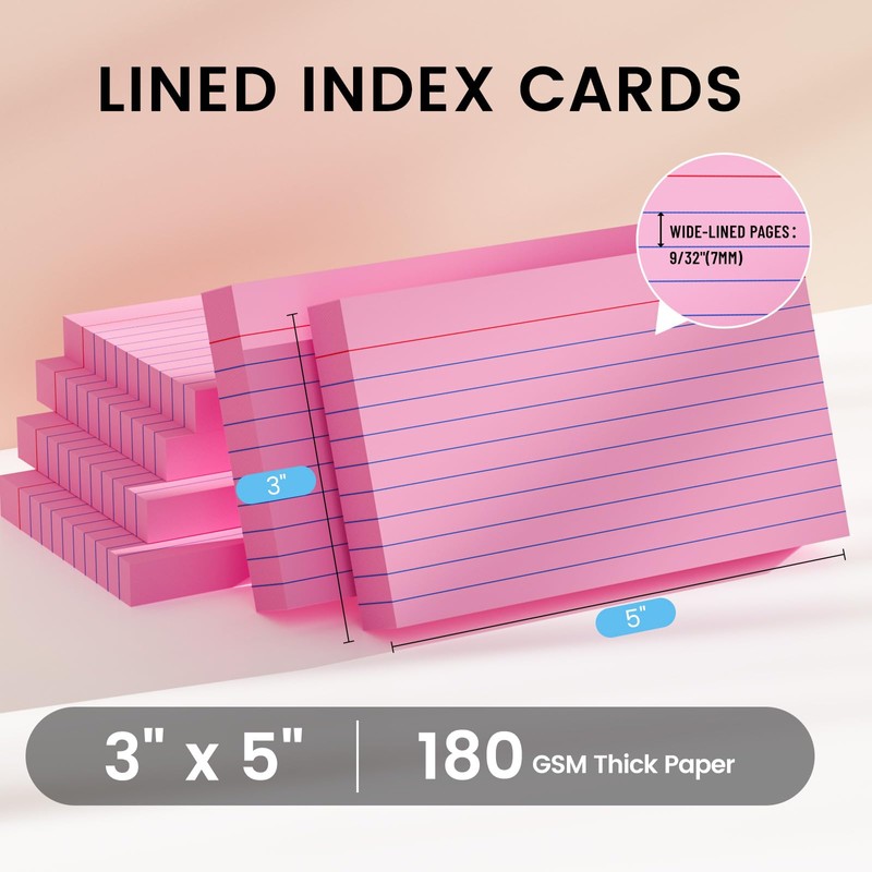 Index Cards 3x5 Inch, 300sheets, Flash Cards,Ruled Lined Pink Note