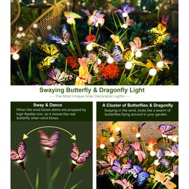 Aiscool Solar Garden Lights, Butterfly Solar Lights for Outside- Waterproof Fairy Lights for Outdoor Yard Patio Pathway Lawn Decoration - Realistic Butterflies & Dragonflies(2 Pack)